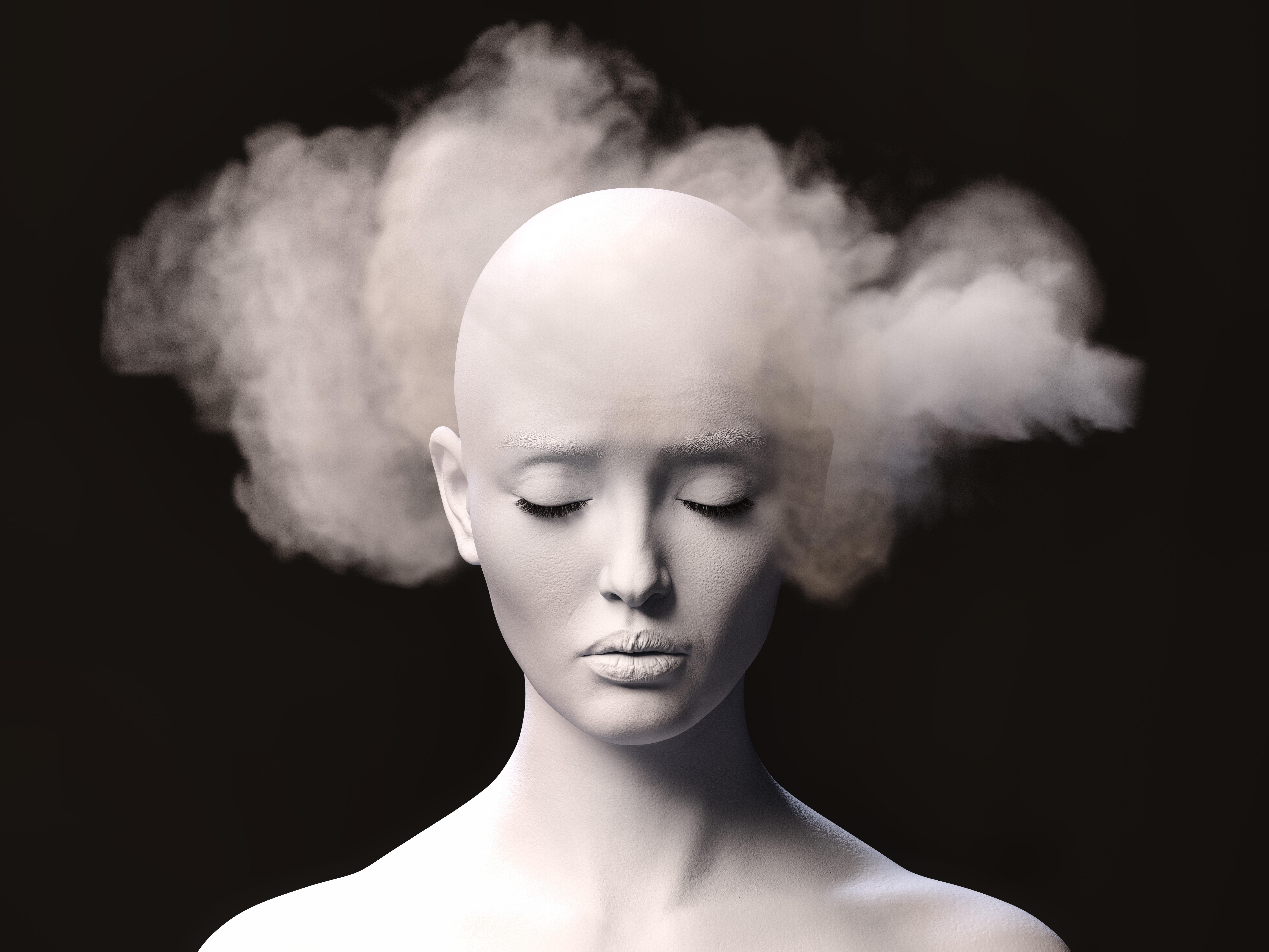 Brain fog. Close-up of a stressed female figure with fog around